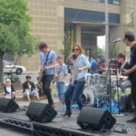 Mary McBride and her band perform outside the Conn. Mental Health Center, New Haven. Credit: Cara Rosner / C-Hit.org)