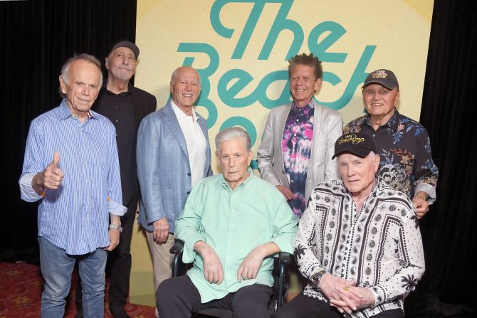 Brian Wilson From The Beach Boys, dead at 82 2 brian wilson Wilson, seated at center, and other members of the Beach Boys attend the world premiere of a Beach Boys documentary in 2024.